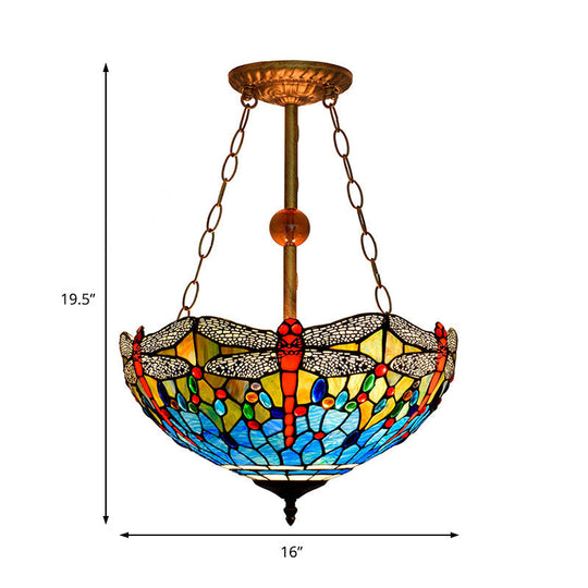 Inverted Pendant Lamp - Dragonfly Tiffany Rustic Stained Glass Chandelier (Red/Blue 3 Lights)