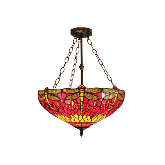 Inverted Pendant Lamp - Dragonfly Tiffany Rustic Stained Glass Chandelier (Red/Blue 3 Lights)