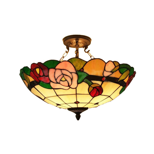 Tiffany Style Rose Stained Glass Semi Flushmount Light Set - Ideal for Living Room