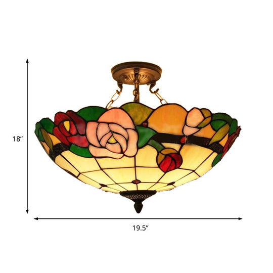 Tiffany Style Rose Stained Glass Semi Flushmount Light Set - Ideal for Living Room