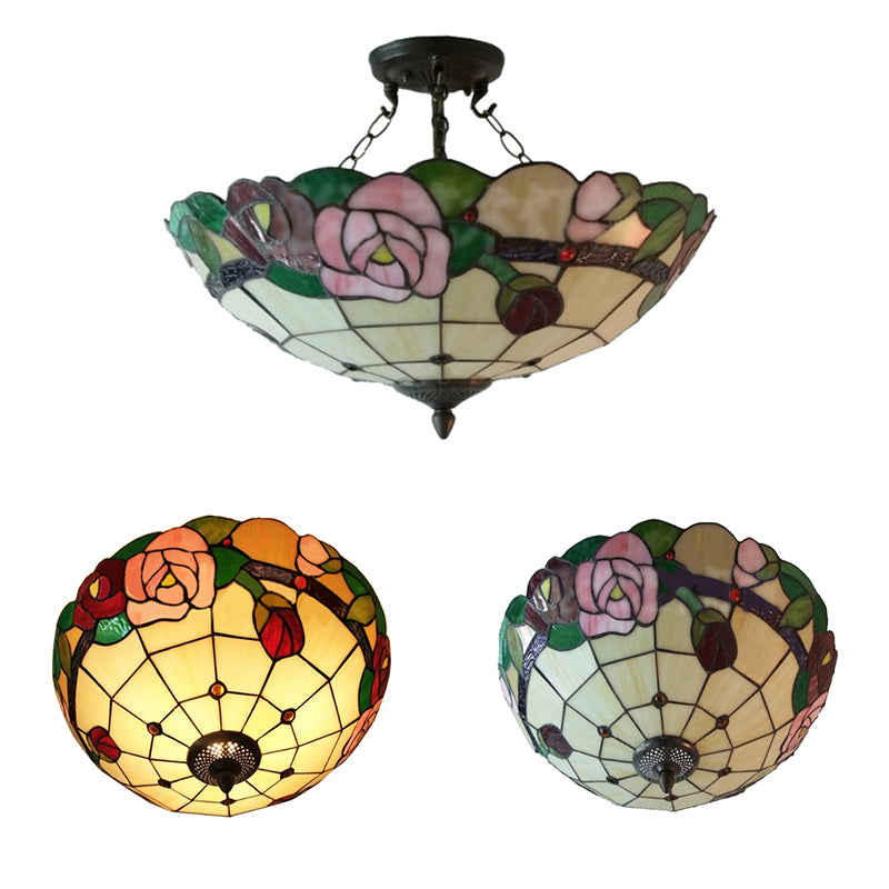 Tiffany Style Rose Stained Glass Semi Flushmount Light Set - Ideal for Living Room