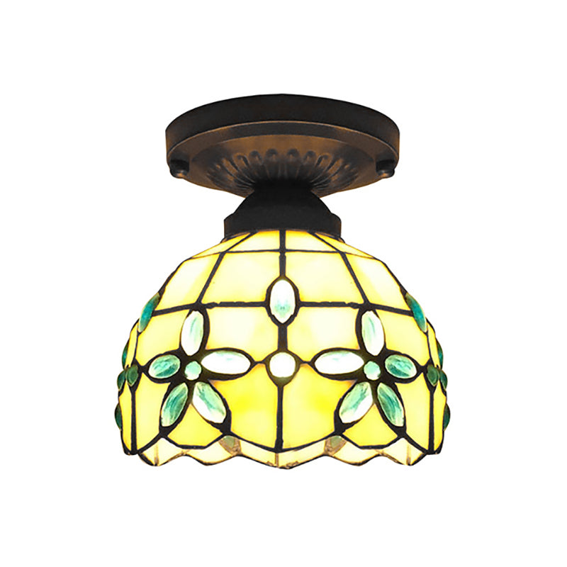 Flush Mount Ceiling Light With Crystal Flower Stained Glass Tiffany Style - Ideal For Bedrooms