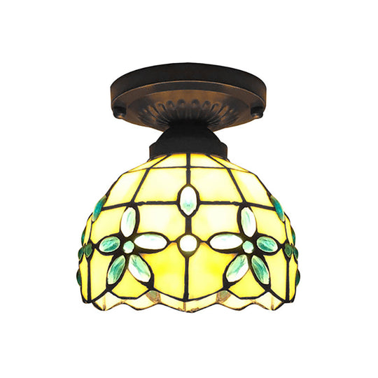 Flush Mount Ceiling Light With Crystal Flower Stained Glass Tiffany Style - Ideal For Bedrooms