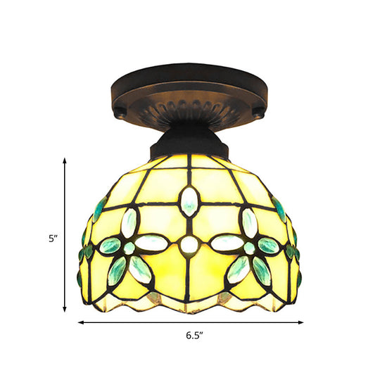 Flush Mount Ceiling Light With Crystal Flower Stained Glass Tiffany Style - Ideal For Bedrooms