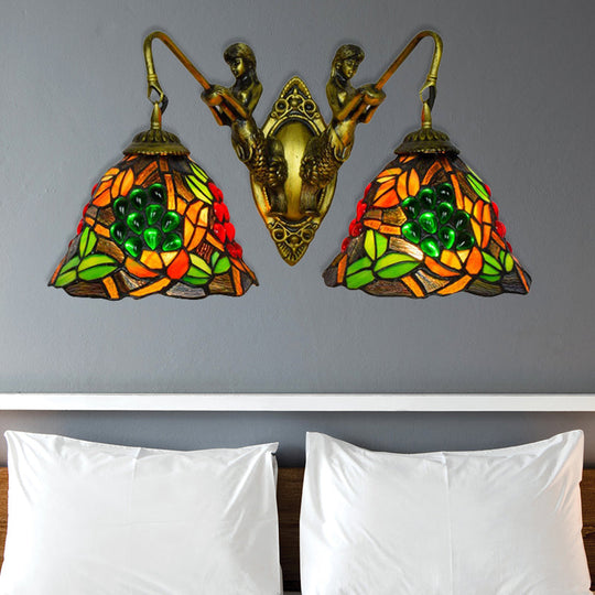 Tiffany Stained Glass Bell Sconce Light Fixture - Red Yellow Green 2 Heads Wall Mount Bedroom