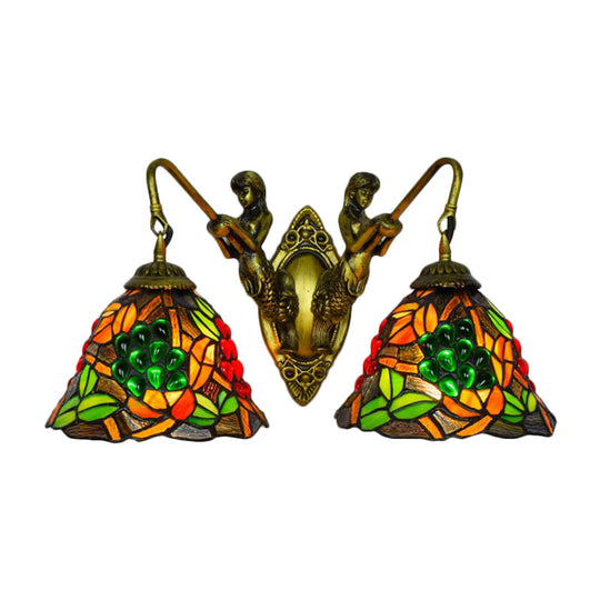 Tiffany Stained Glass Bell Sconce Light Fixture - Red Yellow Green 2 Heads Wall Mount Bedroom