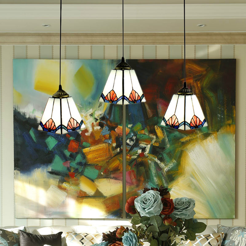 White Pyramid Cluster Pendant with Stained Art Glass - Industrial Ceiling Hang Fixture for Living Room