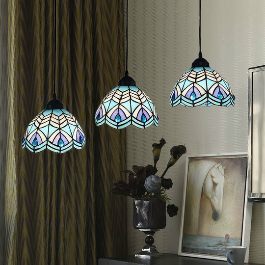 Blue Hand-Cut Glass Pendant Light - Mediterranean Suspended Lighting Fixture With Canopy / Linear