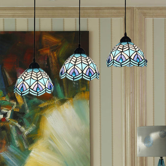 Blue Hand-Cut Glass Pendant Light - Mediterranean Suspended Lighting Fixture With Canopy