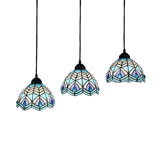 Blue Hand-Cut Glass Pendant Light with Mediterranean Charm - 3 Head Hemisphere Cluster, Round/Linear Canopy