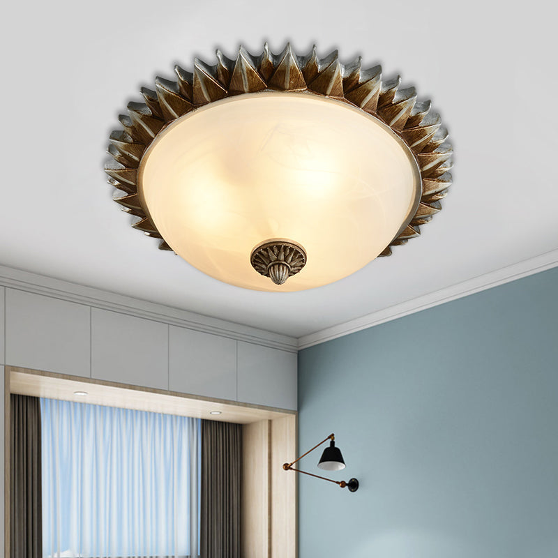 Rustic Sun Shape Flush Mount Opaline Glass Ceiling Light Fixture For Bedroom - Retro Style 3-Light