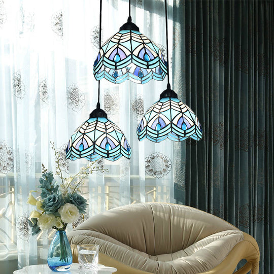 Blue Hand-Cut Glass Pendant Light with Mediterranean Charm - 3 Head Hemisphere Cluster, Round/Linear Canopy