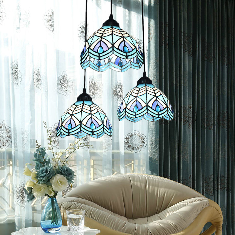 Blue Hand-Cut Glass Pendant Light - Mediterranean Suspended Lighting Fixture With Canopy / Round