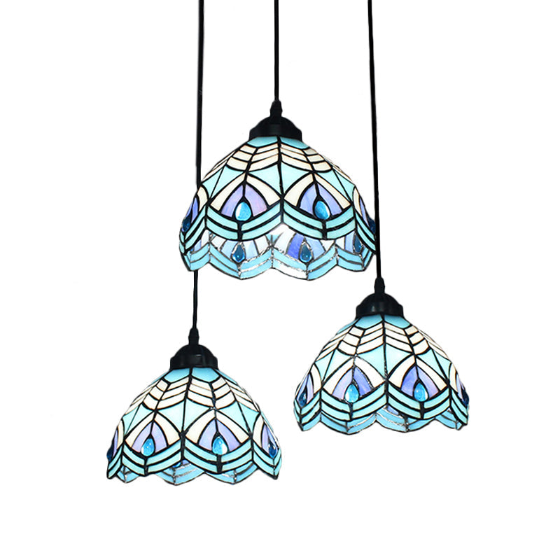 Blue Hand-Cut Glass Pendant Light with Mediterranean Charm - 3 Head Hemisphere Cluster, Round/Linear Canopy