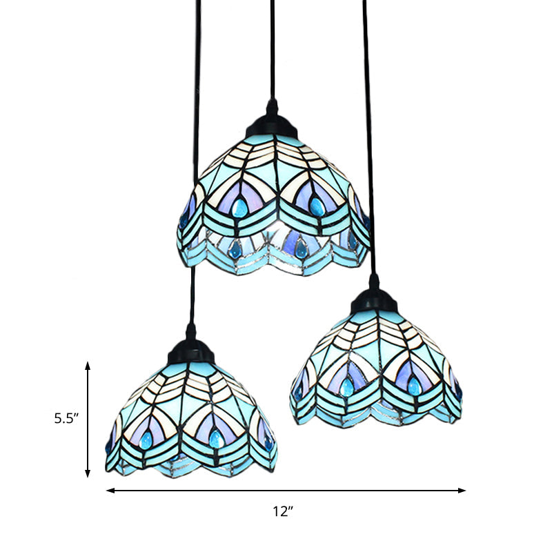 Blue Hand-Cut Glass Pendant Light with Mediterranean Charm - 3 Head Hemisphere Cluster, Round/Linear Canopy