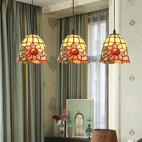 Tiffany Bell Orange Handcrafted Art Glass Pendant Light with 3 Clustered Heads - Unique Suspension Lighting