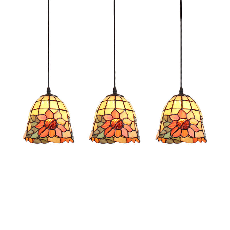 Tiffany Bell Orange Handcrafted Art Glass Pendant Light with 3 Clustered Heads - Unique Suspension Lighting