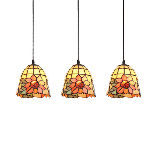 Handcrafted Tiffany Art Glass Pendant Light - 3-Head Cluster With Orange Bell Shades And