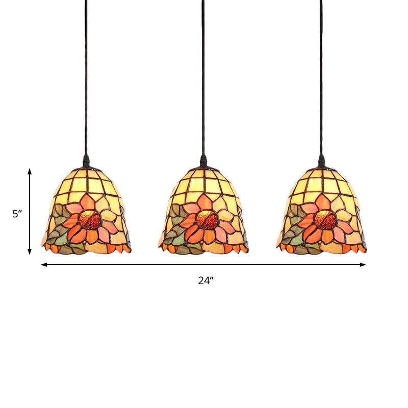 Handcrafted Tiffany Art Glass Pendant Light - 3-Head Cluster With Orange Bell Shades And