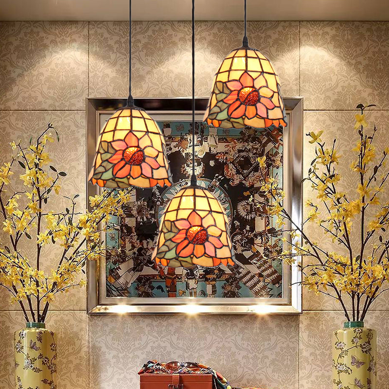 Handcrafted Tiffany Art Glass Pendant Light - 3-Head Cluster With Orange Bell Shades And