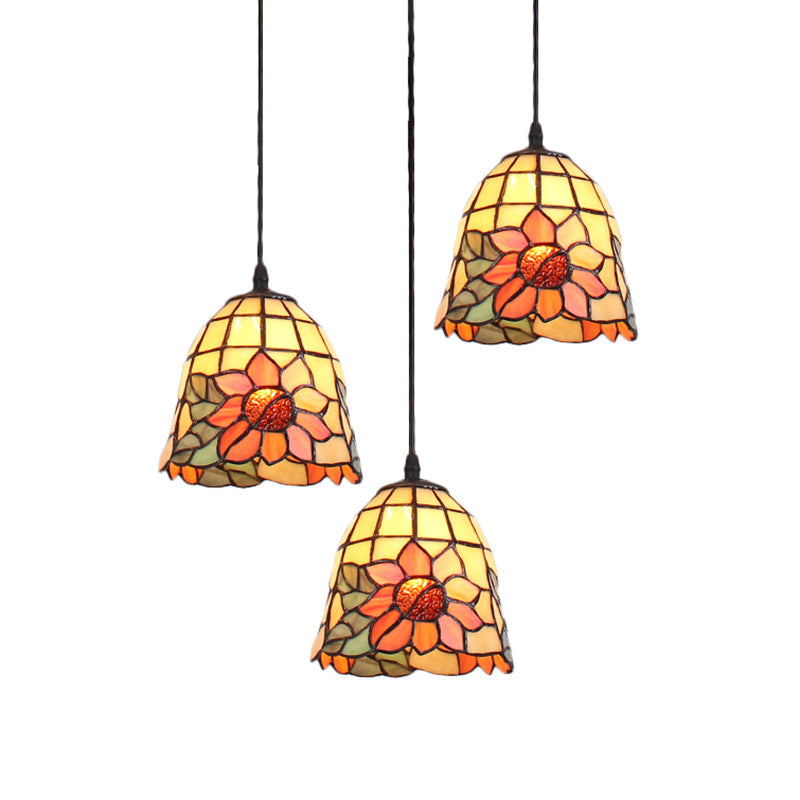 Handcrafted Tiffany Art Glass Pendant Light - 3-Head Cluster With Orange Bell Shades And