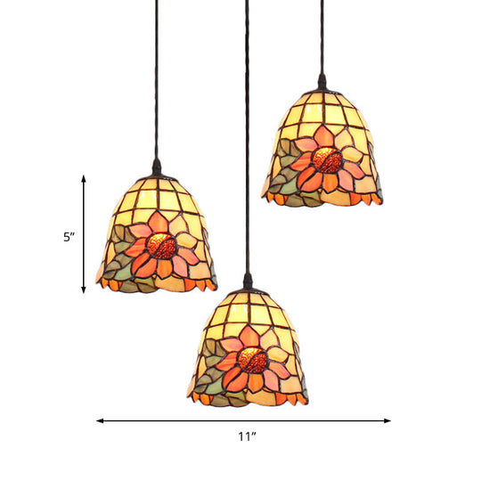 Handcrafted Tiffany Art Glass Pendant Light - 3-Head Cluster With Orange Bell Shades And