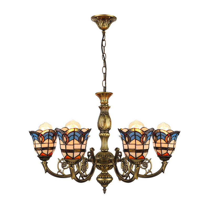 Baroque Peacock Tail Chandelier with 6 Vintage Stained Glass Pendants in Antique Bronze