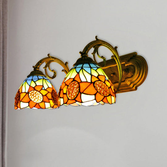 Sunflower Stained Glass Wall Light - 2-Light Loft Sconce In Orange