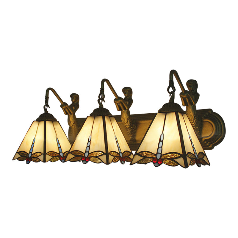 Tiffany Dragonfly Sconce Lighting With Mermaid Backplate - 3-Head Beige Glass Wall Mount Light