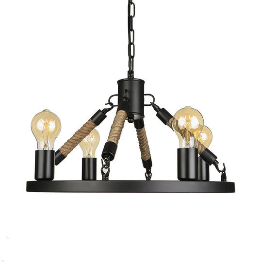 Wrought Iron Chandelier Light With 4 Industrial Black Rings And Chain