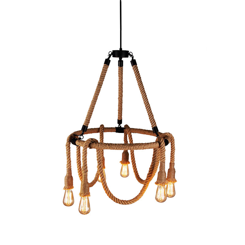 Adjustable Rope Chandelier Pendant Light - Farmhouse Multi Light Bar Ceiling Fixture in Beige