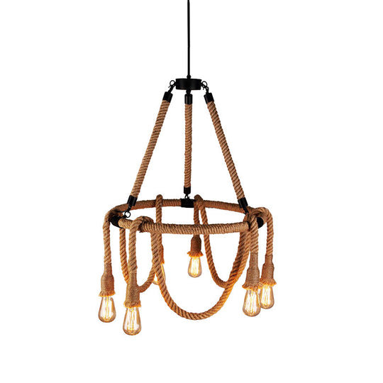 Adjustable Rope Chandelier Pendant Light - Farmhouse Multi Light Bar Ceiling Fixture in Beige