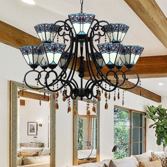 Rustic Stained Glass 11-Light Chandelier with Crystal for Stairway