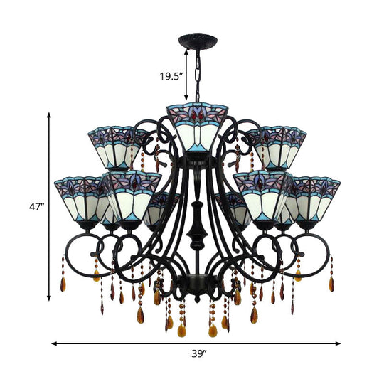 Rustic Stained Glass 11-Light Chandelier with Crystal for Stairway