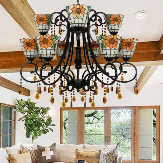 Lodge Bowl Chandelier - Stained Glass Decorative Inverted Light Fixture With Crystal Accents In