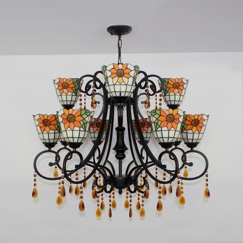 Lodge Bowl Chandelier: Stained Glass Inverted Chandelier with 11 Lights and Crystal in Orange