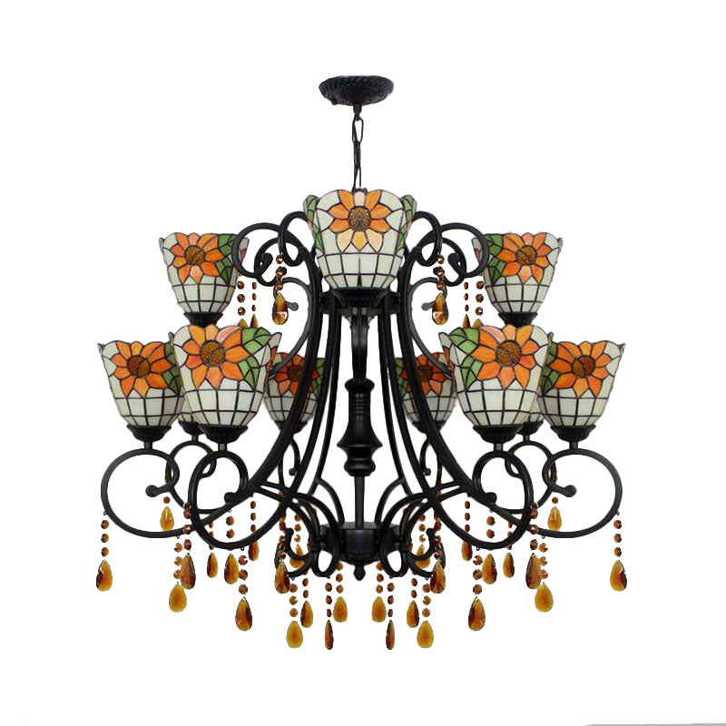 Lodge Bowl Chandelier: Stained Glass Inverted Chandelier with 11 Lights and Crystal in Orange