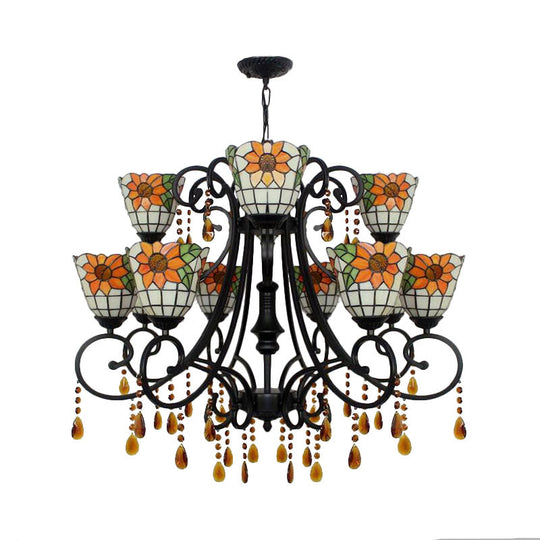 Lodge Bowl Chandelier - Stained Glass Decorative Inverted Light Fixture With Crystal Accents In