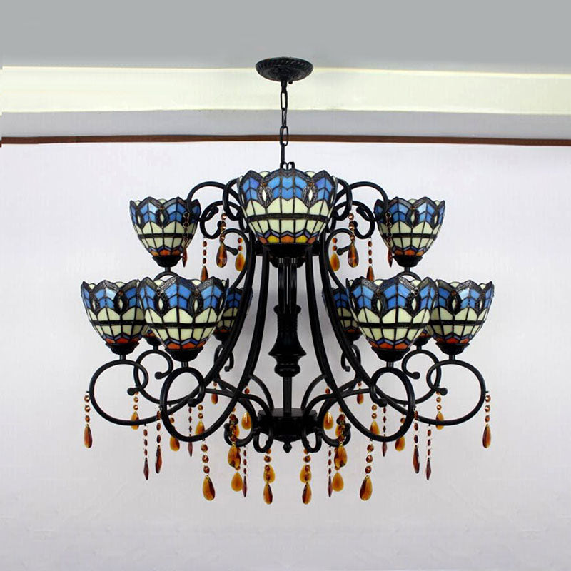 Rustic Stained Glass Chandelier with Crystal Accents – Bowl-Shaped Hanging Light, Blue, 11 Lights – Ideal for Dining Room