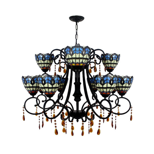 Rustic Stained Glass Chandelier with Crystal Accents – Bowl-Shaped Hanging Light, Blue, 11 Lights – Ideal for Dining Room