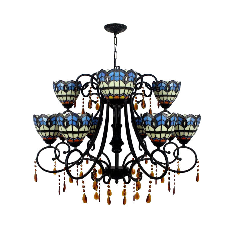 Rustic Stained Glass Chandelier - Bowl-Shaped Hanging Light With 11 Blue Crystal Lights For Dining