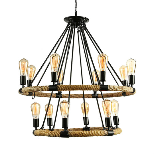 Lodge Style Roped Ring Chandelier Pendant Light With Adjustable Chain - 6/8 Heads In Black