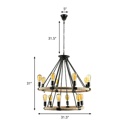 Rustic Rope Ring Chandelier - Lodge Style Pendant Light with Adjustable Chain, 6/8 Heads, Black