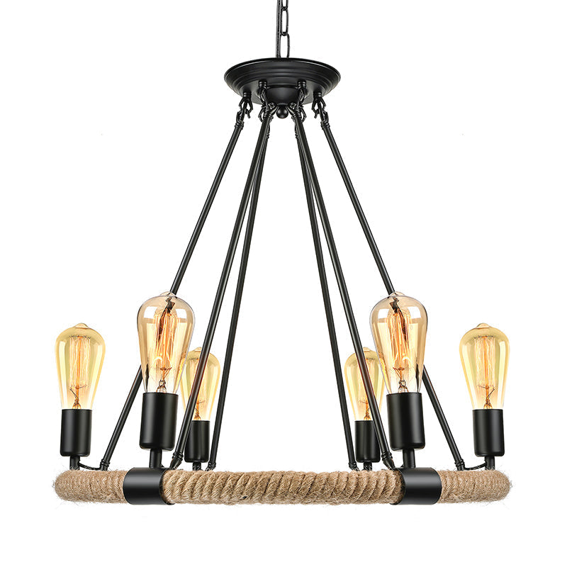 Rustic Rope Ring Chandelier - Lodge Style Pendant Light with Adjustable Chain, 6/8 Heads, Black