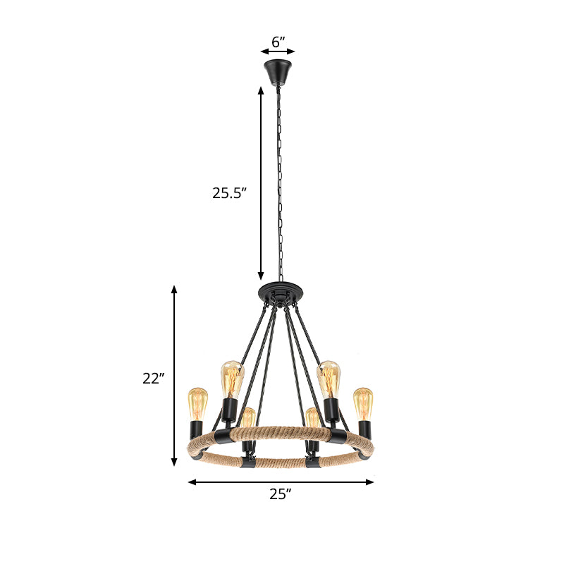 Rustic Rope Ring Chandelier - Lodge Style Pendant Light with Adjustable Chain, 6/8 Heads, Black