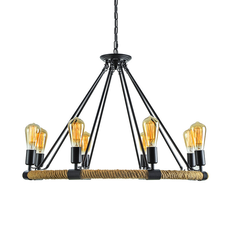 Rustic Rope Ring Chandelier - Lodge Style Pendant Light with Adjustable Chain, 6/8 Heads, Black