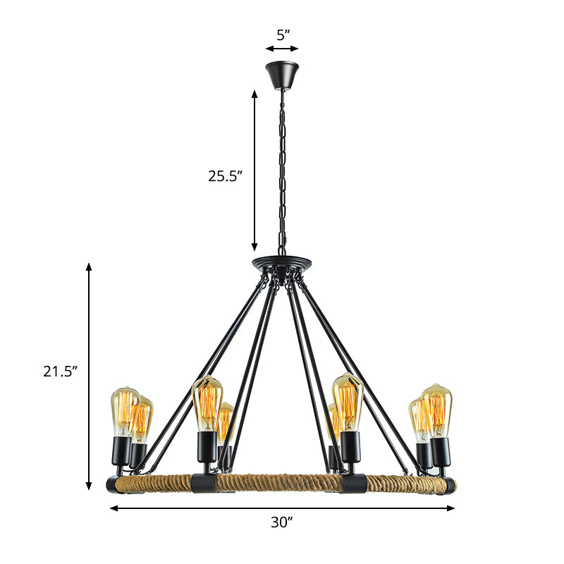 Rustic Rope Ring Chandelier - Lodge Style Pendant Light with Adjustable Chain, 6/8 Heads, Black