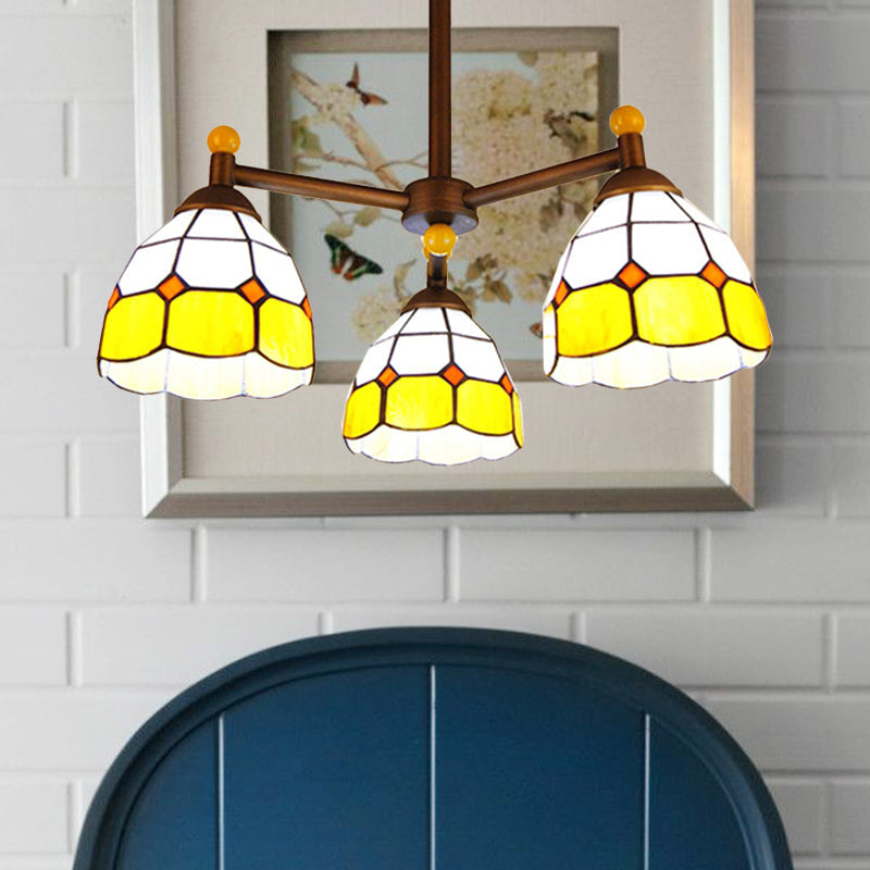 Rustic Stained Glass 3-Light Semi Flush Mount Ceiling Fixture for Dining Room - Red/Blue/Yellow