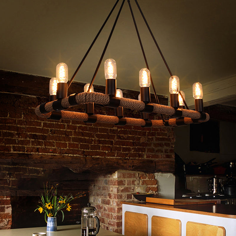 10 Bulbs Chandelier Lighting - Loft Style Rectangular Frame Pendant With Black Metal & Rope Detail