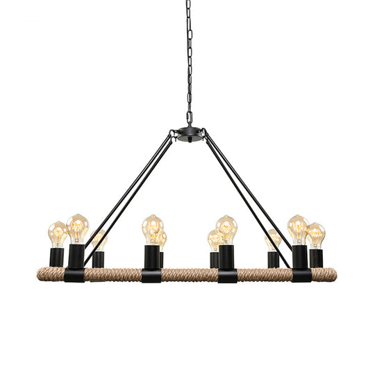 10 Bulbs Chandelier Lighting - Loft Style Rectangular Frame Pendant With Black Metal & Rope Detail